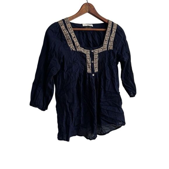 Chocol Raffine Embroidered Square Neck Button Front 3/4 Sleeve Blouse Navy XS - Picture 2 of 6